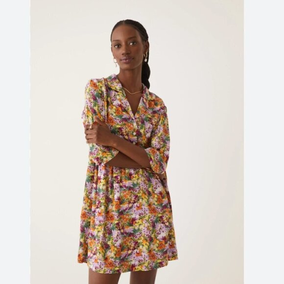 FRANK AND OAK THE BABYDOLL COLORFUL FLORAL HALF SLEEVE DRESS IN MULBERRY - XS - Picture 1 of 11
